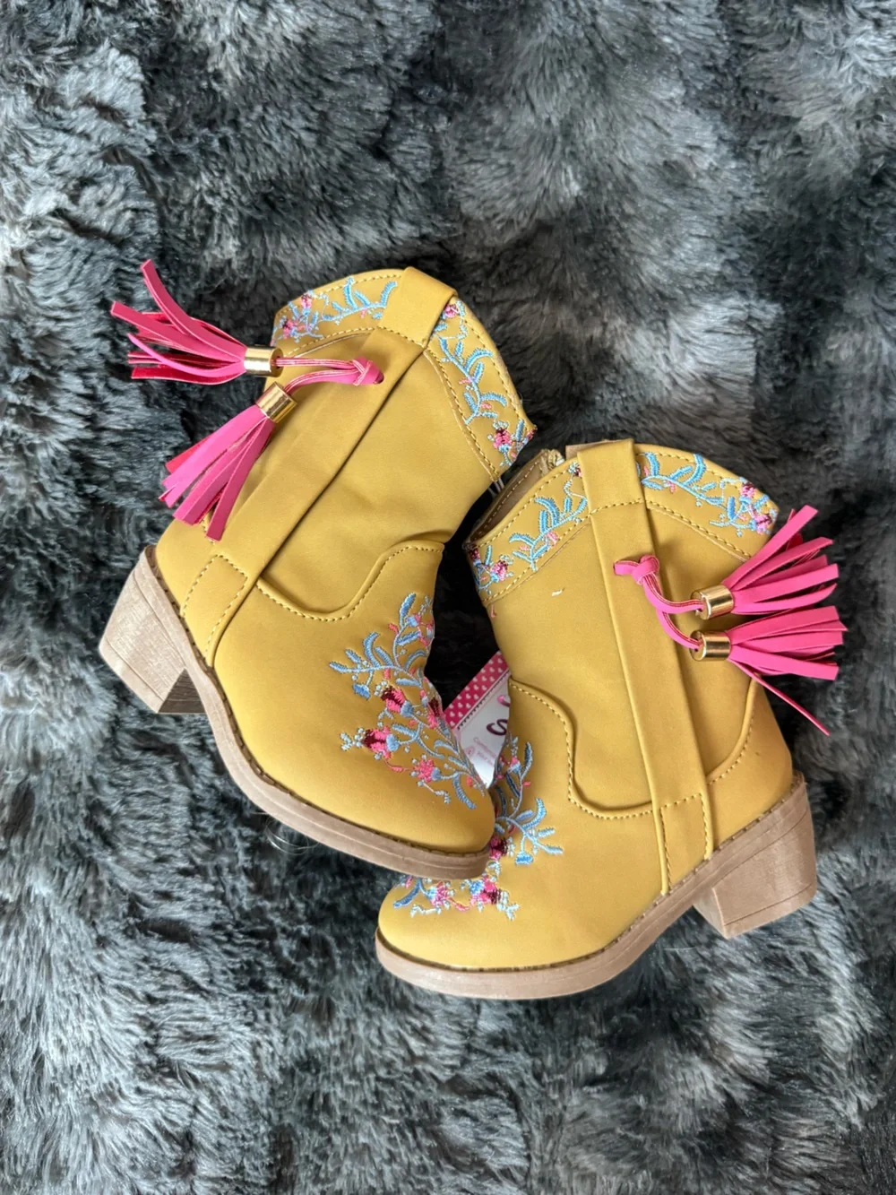 Yellow Embroidered Western Ankle Boots with Pink Tassels